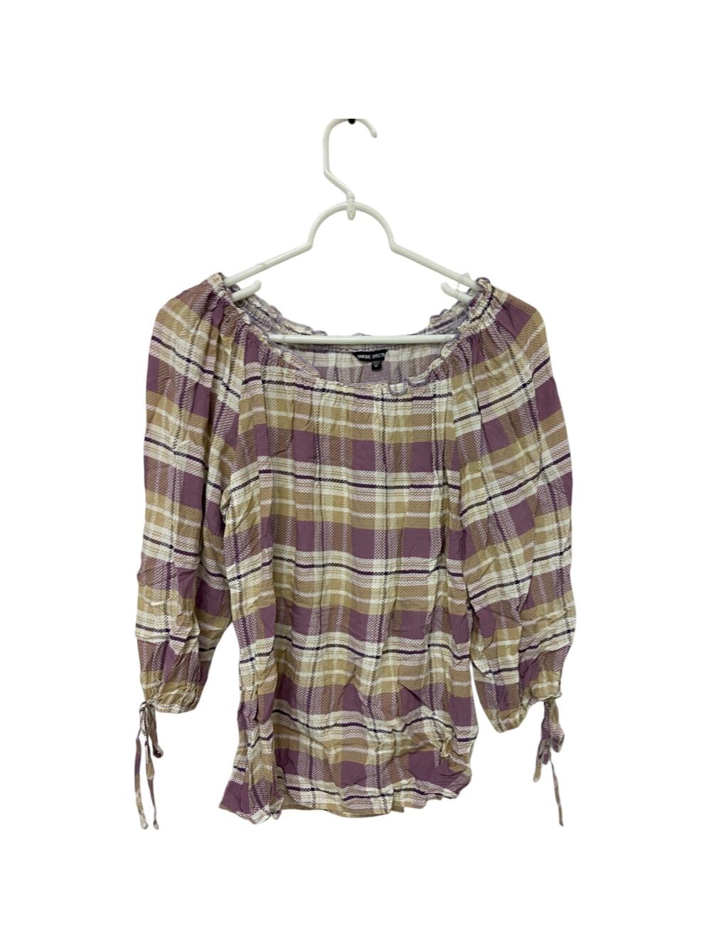 Unique Spectrum Blouse Womens Medium Multi Plaid Off Shoulder Stretch 3/4 Sleeve